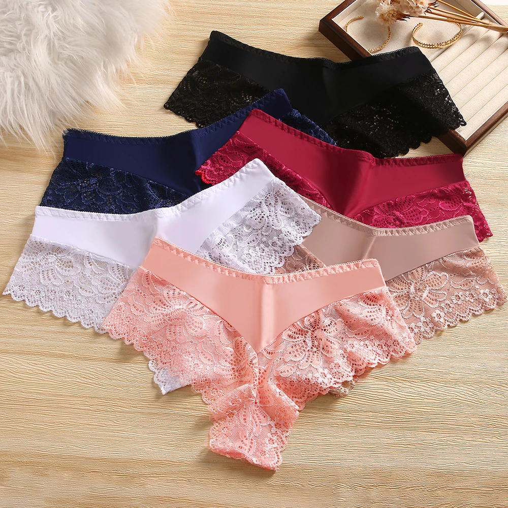 Mutandine di pizzo da donna Biancheria intima trasparente di pizzo romantico Senza cuciture Tinta unita Mutande da donna in seta Mutandine a vita bassa Donna