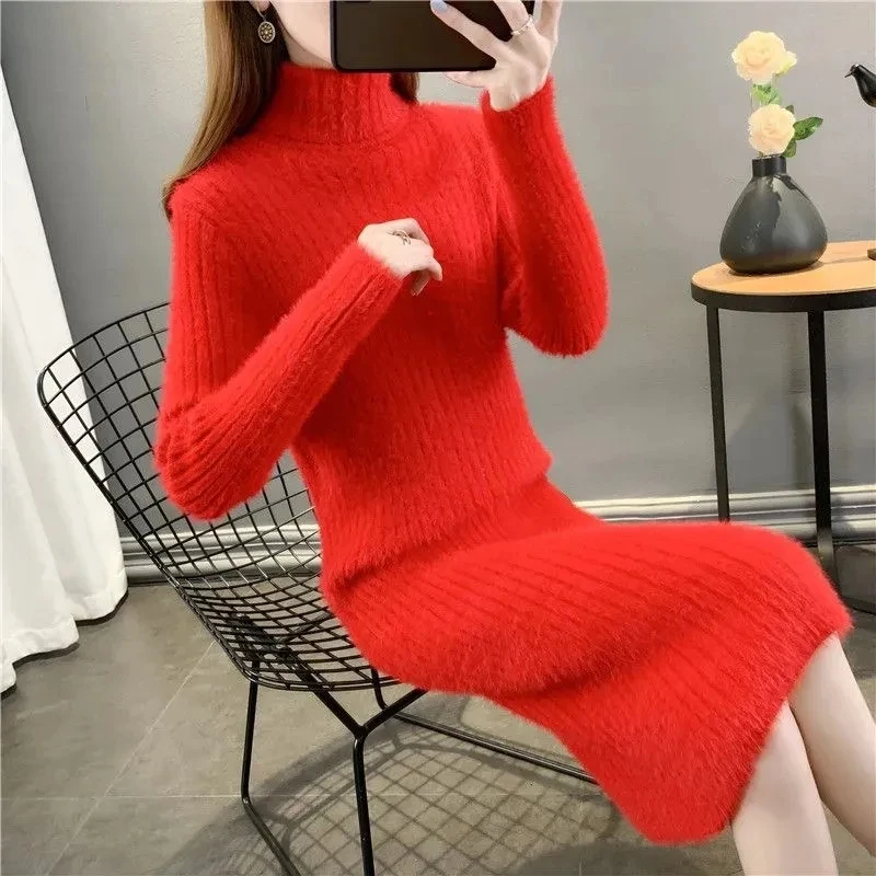 Sweater Dress Women's Outside Wear Fashion Slim Long Turtleneck Knitted Sweater Autumn Winter Warm Mink Velvet Knitte Base Dress