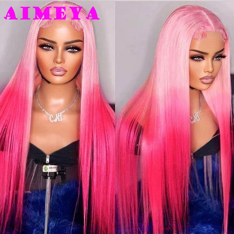 AIMEYA Ombre Pink Synthetic Lace Front Wigs for Women 13x4 Platinum Blonde Roots Pink Wig Long Silky Straight Colorful Wigs