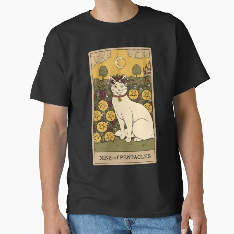 

Nine of Pentacles Vinage Tarot Card Cat Funny magical cats cute pet Gift T shirt for men large size Adult Tops S-6XL clothing