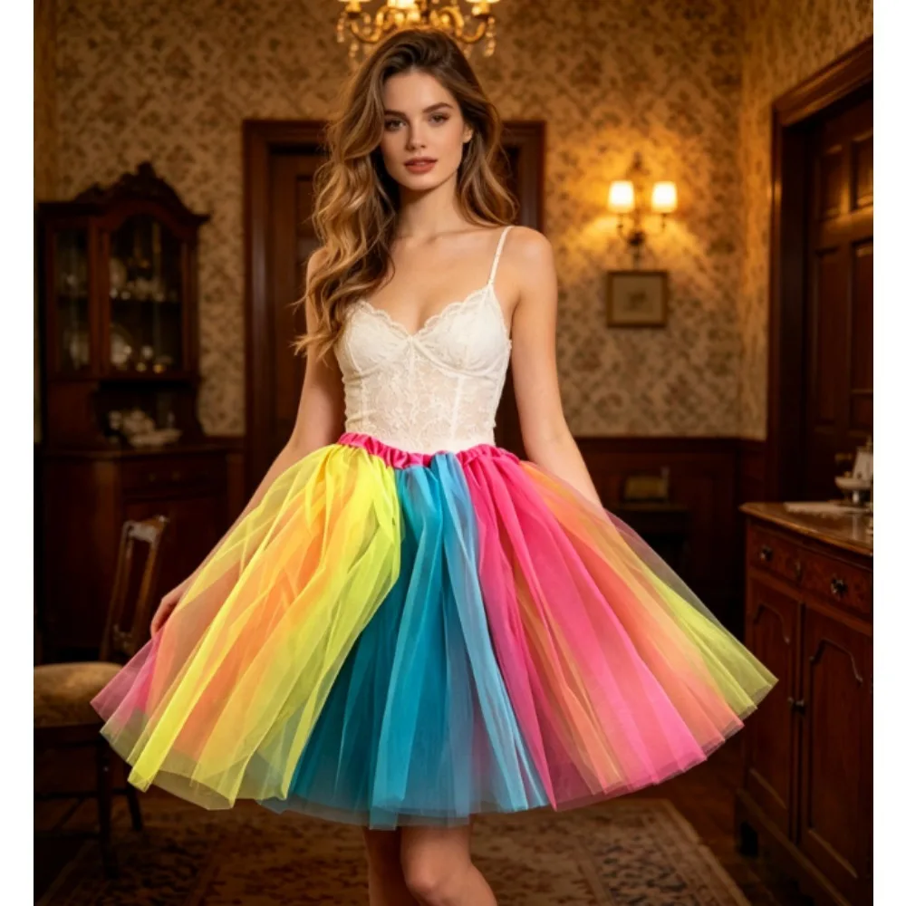 PESENAR  Rainbow Patchwork Tulle Tutu Skirt, Multi-Layer Puffy Skirt for Pride Month & Party Performances