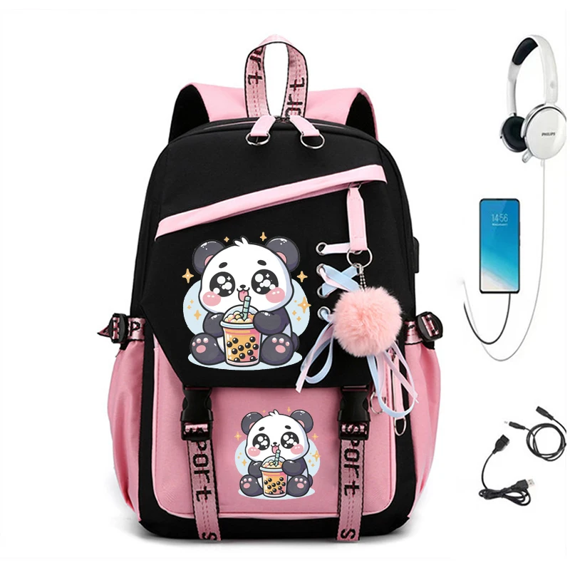 Students Backpack Casual Nylon Shoulder Bag Panda Boba Tea Anime Kawaii Bookbag Fashion Travel College Bagpack Laptop Usb Bags