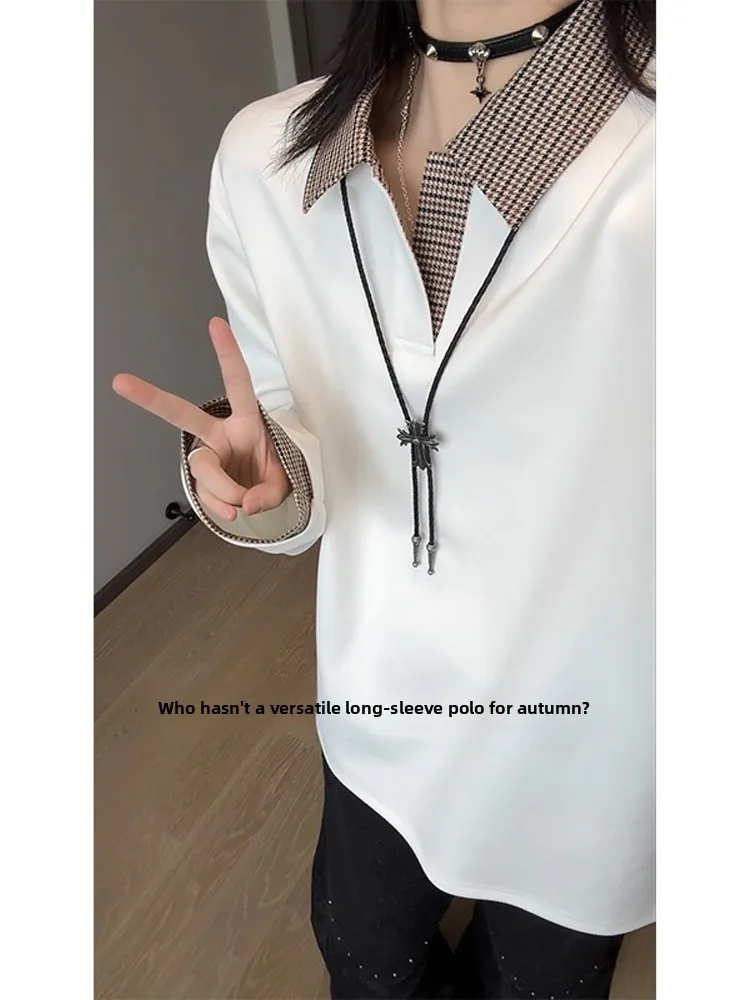 

Autumnal ne Long Sve T-irt ex Preppy Sle Inner Wear Base irt Sweatirt Plaid Patchwork Collar Top