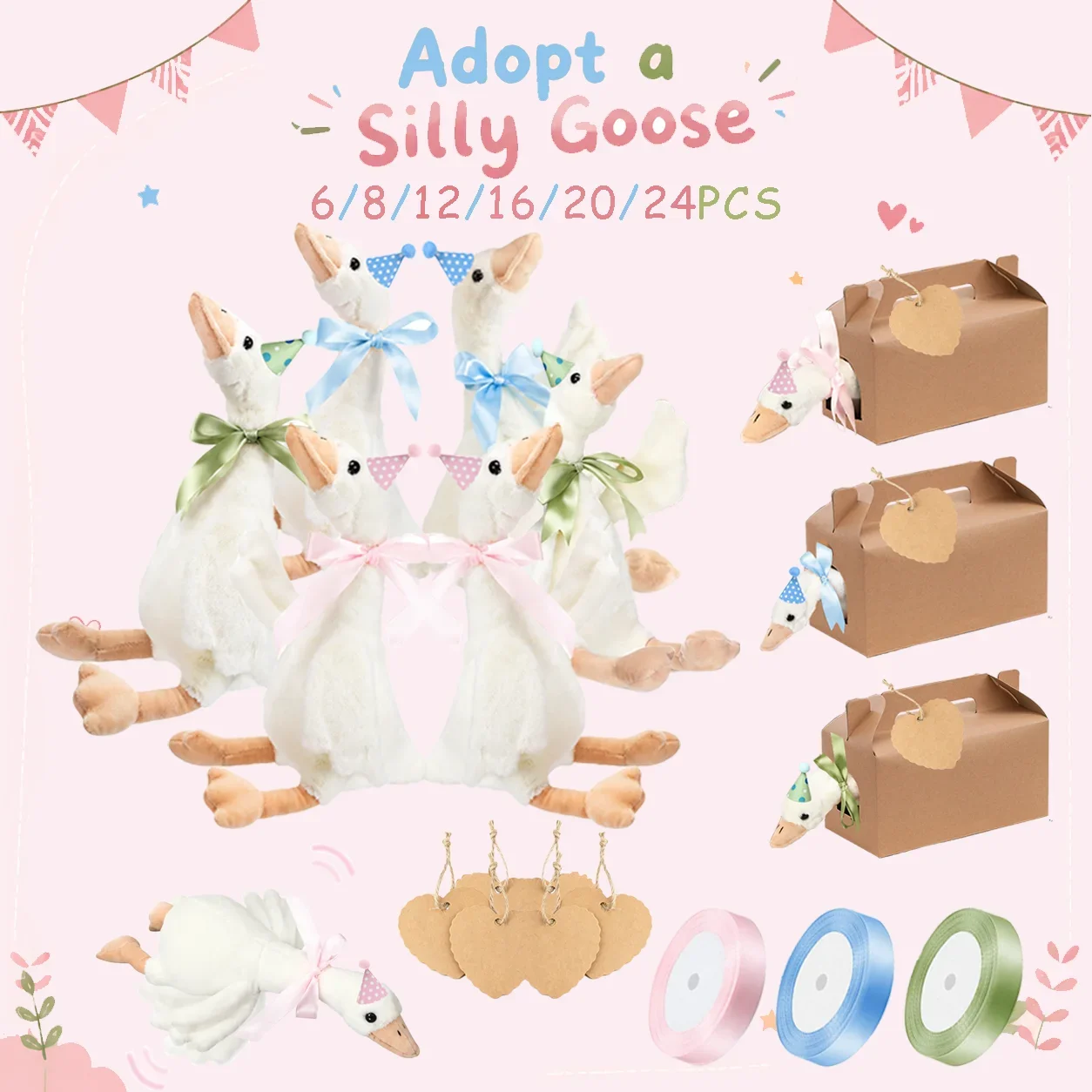 6-24pcs-157inch-goose-plush-baby-shower-birthday-silly-goose-party-favors-goose-stuffed-animal-gift-for-kid-with-hat-ribbon-box