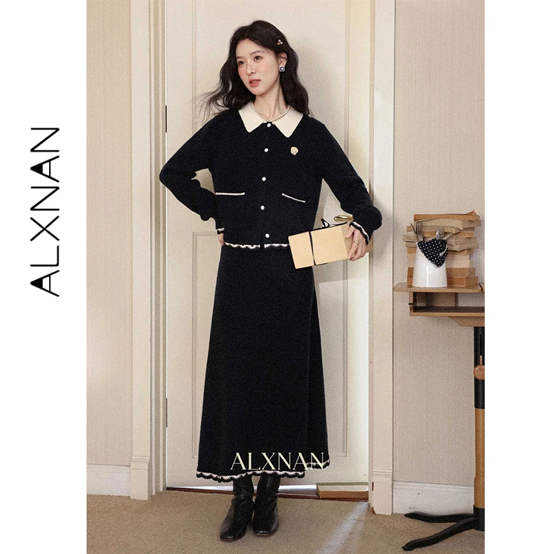 

ALXNAN женский кардиган черный цветной кружевной свитер с воротником женская мода элегантный повседневный 2025 теплые пальто с длинными рукавами L60110