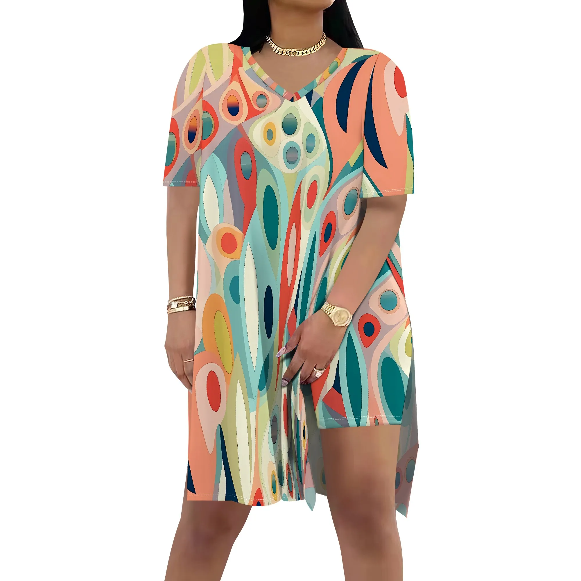 Nupusa 抽象柄ドレス レディース 夏 カジュアル V ネック 半袖 衣装