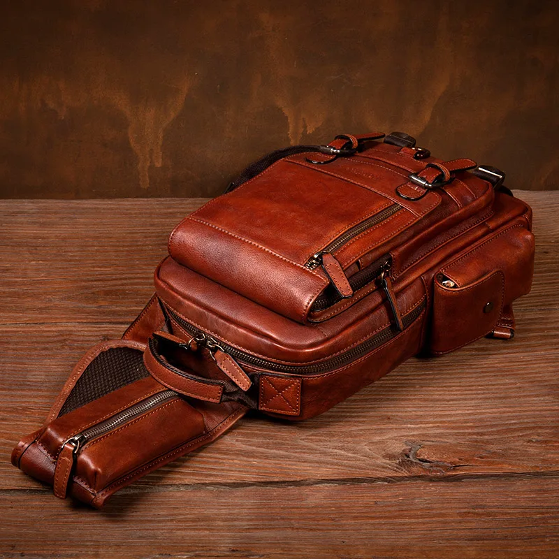 Hand-tanned leather chest bag casual retro messenger bag leather shoulder bag for men and women