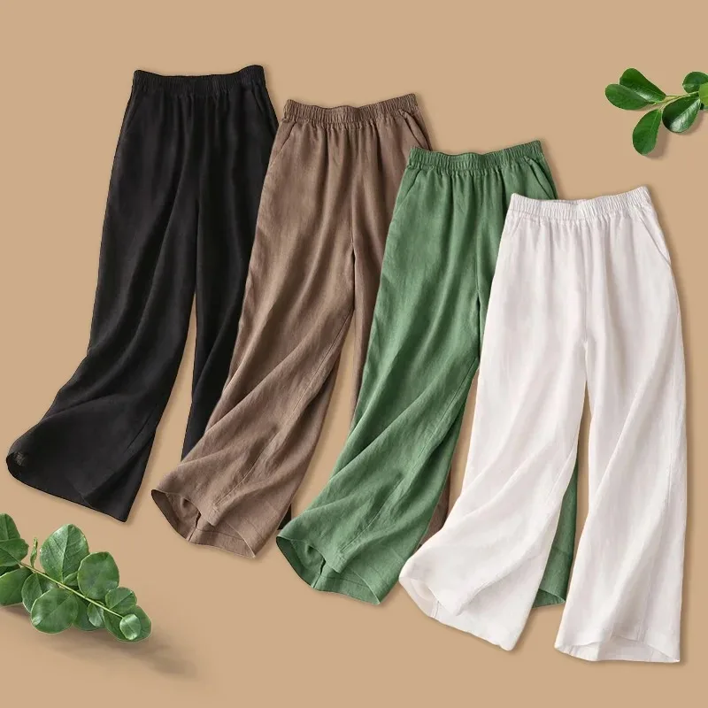 

Women's linen and cotton casual trousers, nine-quarter wide-leg trousers, work trousers, high-waisted straight-leg trousers