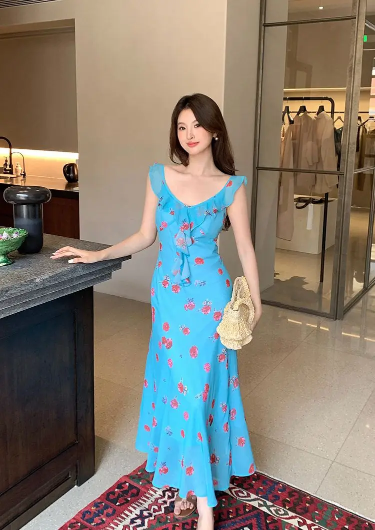 Vestidos sem mangas das mulheres alternativa primavera seda pura perspectiva transparente ditsy em camadas piquenique fluindo pastoral natureza y2k