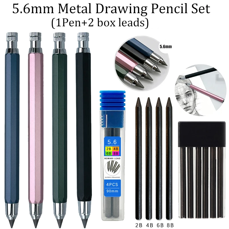 5.6mm Metal Mechanical Pen with 2 Box Pencil Refill Art Painting Drawing Writing Tool School Stationery Sketch Automatic Pencil