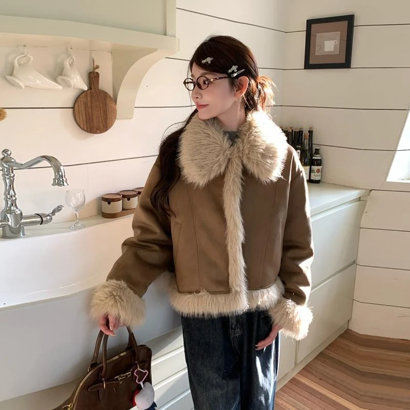 المرأة شتاء 2025 وصول جديد خمر النمط الأمريكي صوف الضأن سترة قصيرة عادية محب معطف قصير مع مظهر مميز #3