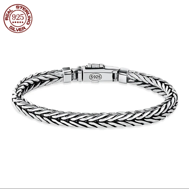 Factory Price S925 Sterling Silver Simple Domineering 5mm Handmade Woven Pin Keel Fashion Man and Woman Bracelets Luxury Jewelry