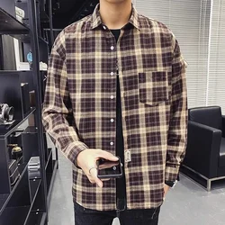 Men Plaid Shirt Flannel Long Sleeve Stripe Shirts Street Pocket Japan Cotton Loose Slim Fit Male Casual Soft Tuxedo Formal Shirt