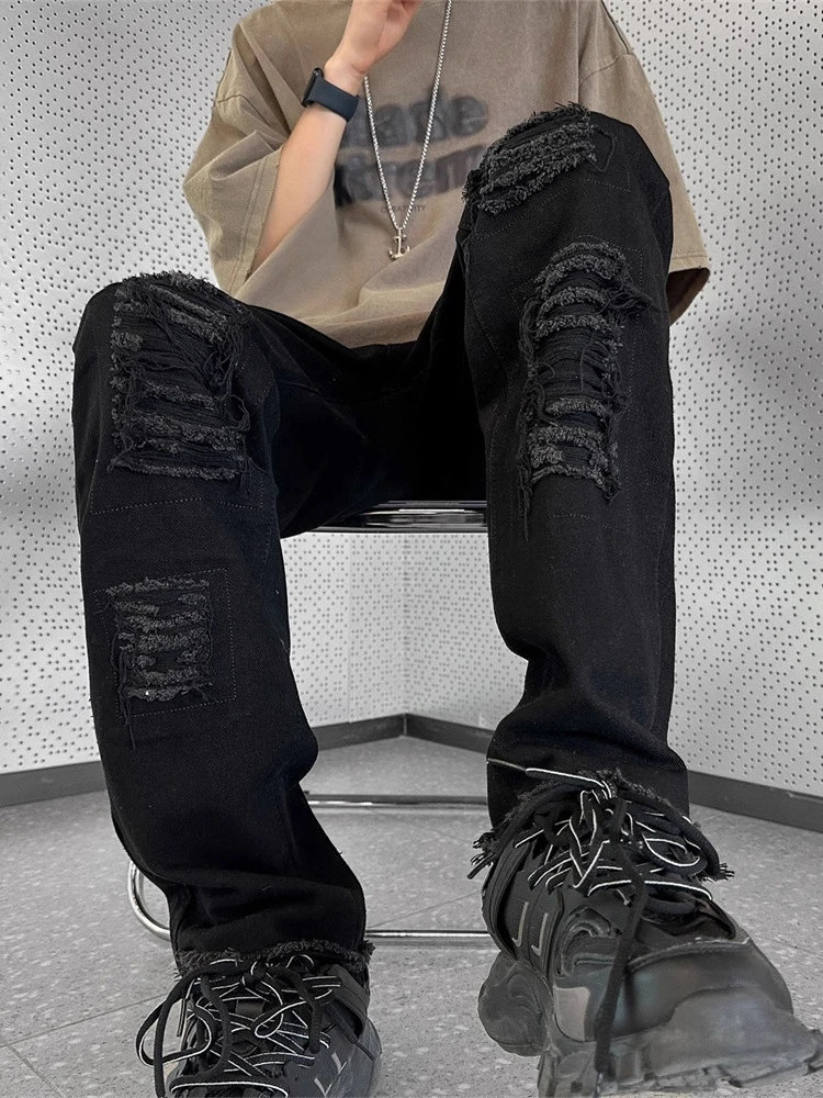

American High Street Style Men's Slim Fit Jeans Fake Ripped Straight Leg Hemmed Micro Flared Pants Youth Trendy Jeans