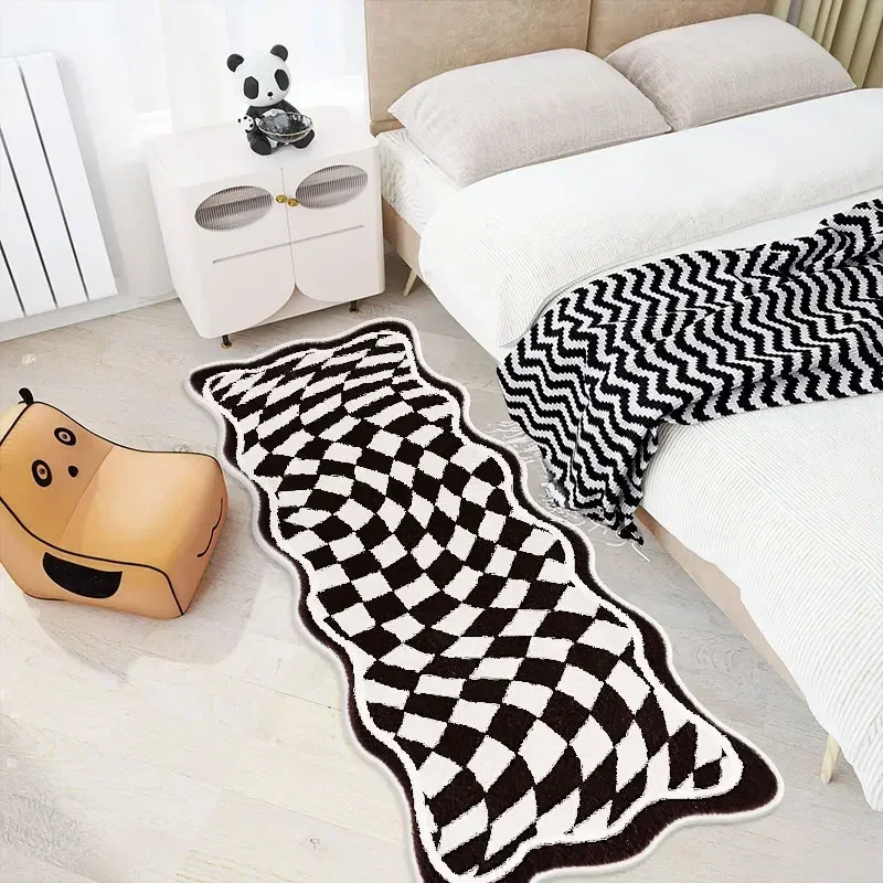 Bedroom Carpet Bedside Mat Soft Fluffy Plush Checkerboard Floor Mats Long Room Decor Plaid Rug Shaggy  침실 뒤 Коврик Для Спальни