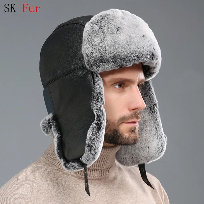 2024 New Men\'s 100% Natural Rex Rabbit Fur Bomber Hats Winter Russian Man Warm Real Sheepskin Leather Hat Male Real Fur Caps