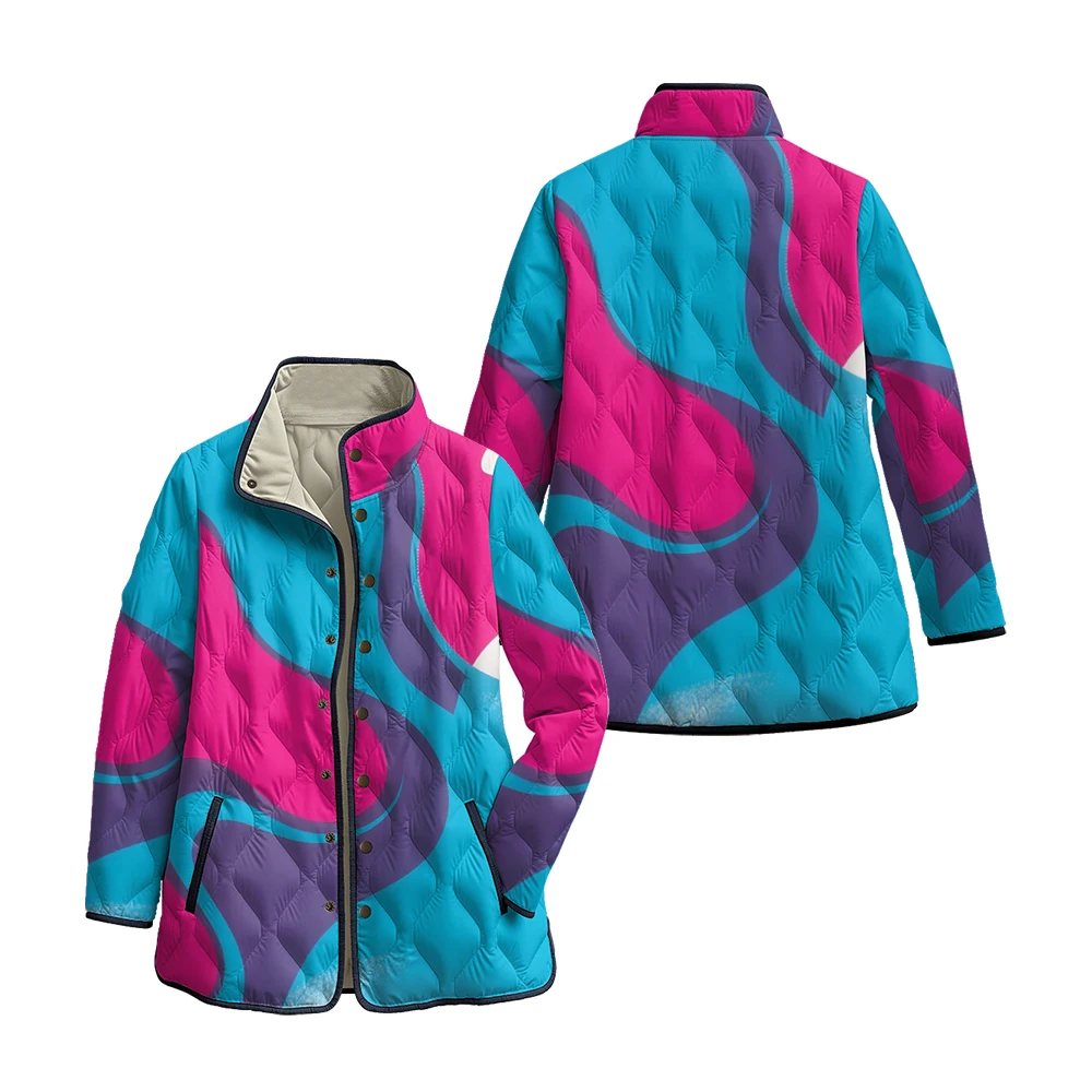 

Multicolor Wave Geometric Jackets Stylish Buttons Stand Collar Side Pockets Women Coats Trendy Winter Clothes Outerwear