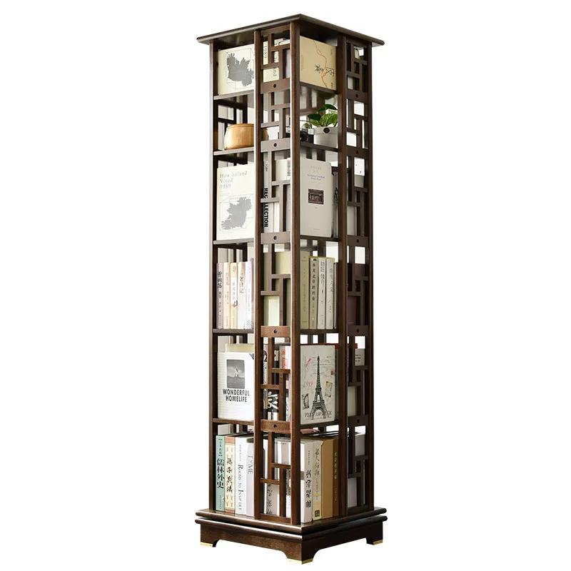 

Solid wood bookshelf rotating degree mobile bookcase living room floor shelf light luxury storage