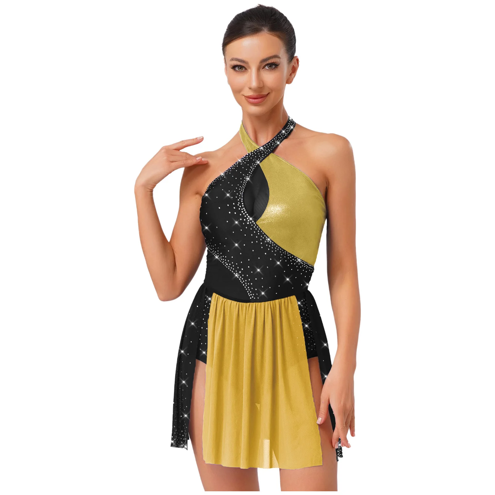 

Women Figure Skating Leotard Dress Modern Dancewear Halter Rhinestones Contrast Color Irregular Hem Bodysuit Dress Dance Costume