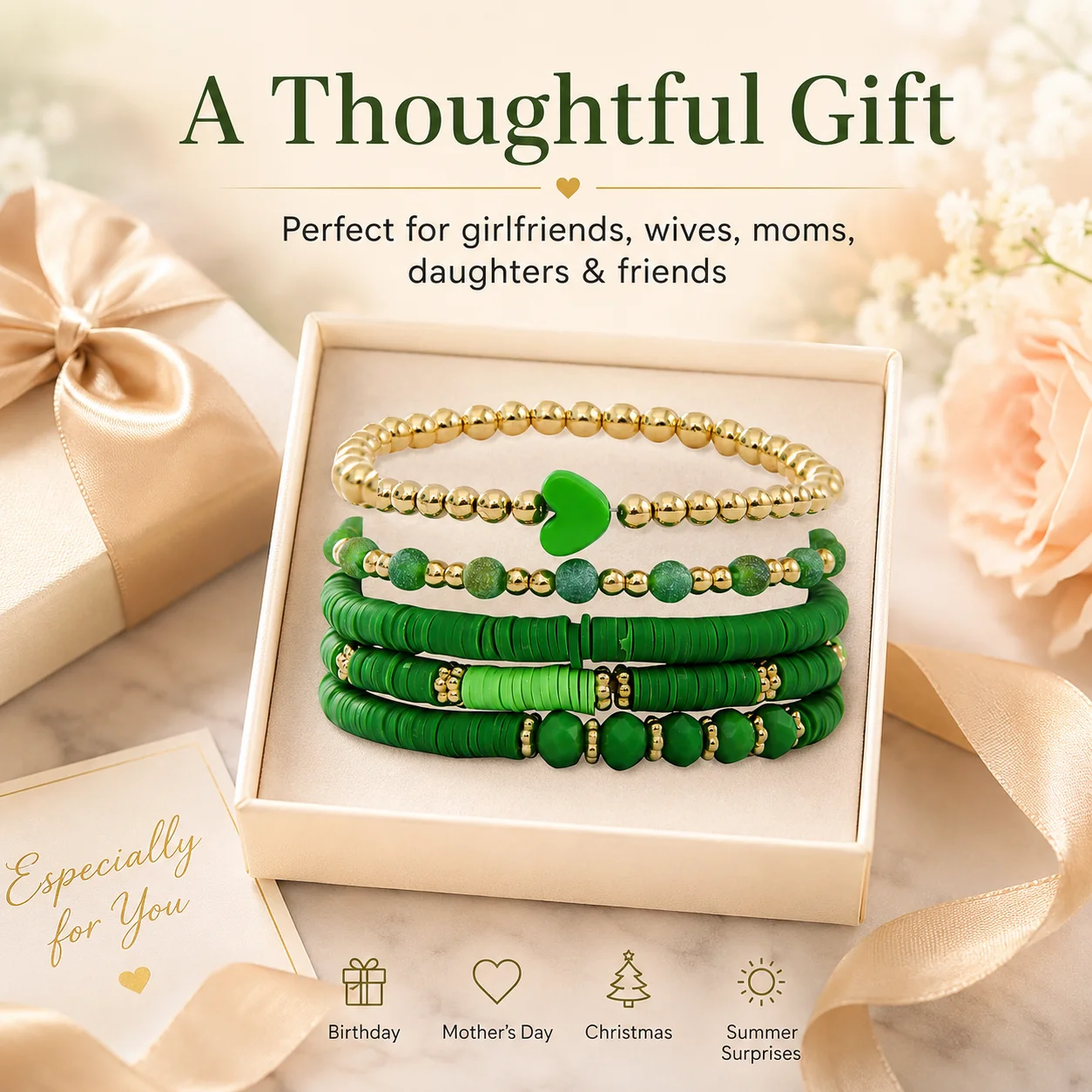 Boho Stackable Bracelets Set Women Gold Beads Green White Clay Bead Heart Charm Stretch Layered Bracelet Beach Jewelry Gift