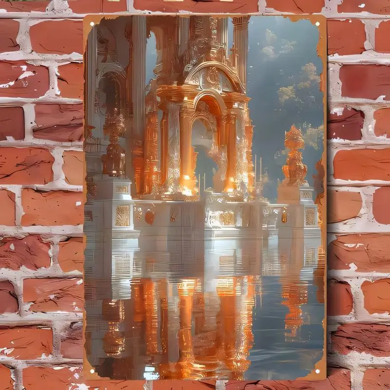 Illuminated Fantasy Castle Metal Tin Sign - Intricate Architecture & Water Reflection, Gold/Orange, Vintage Iron Wall Art for Ho
