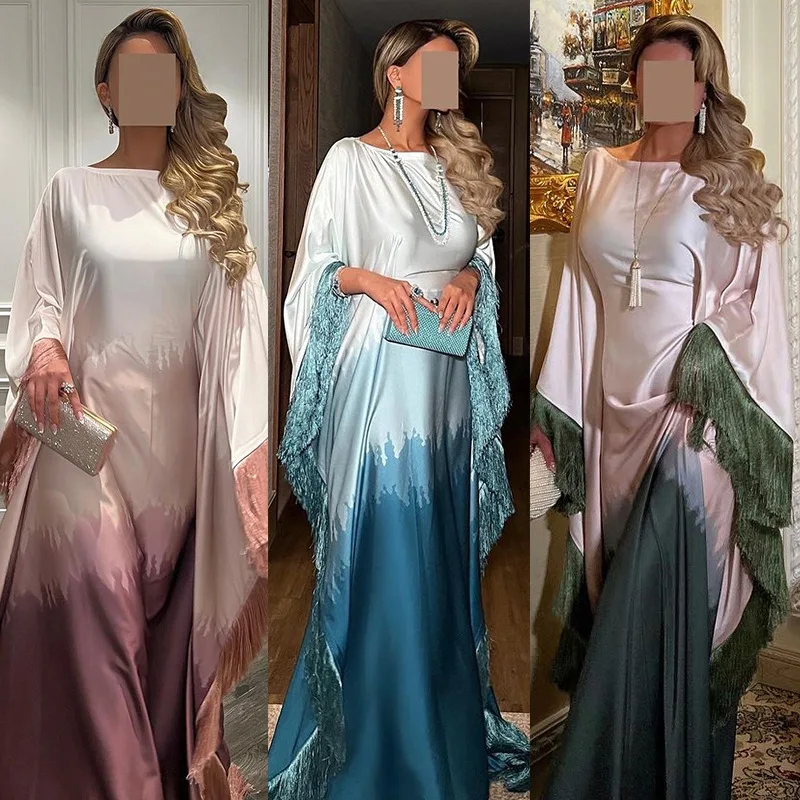 Ramadan Middle Eastern Arab Muslim Luxury Fashion Dress Tassel Robe European and American Long Dress New Gradient Printed Robe