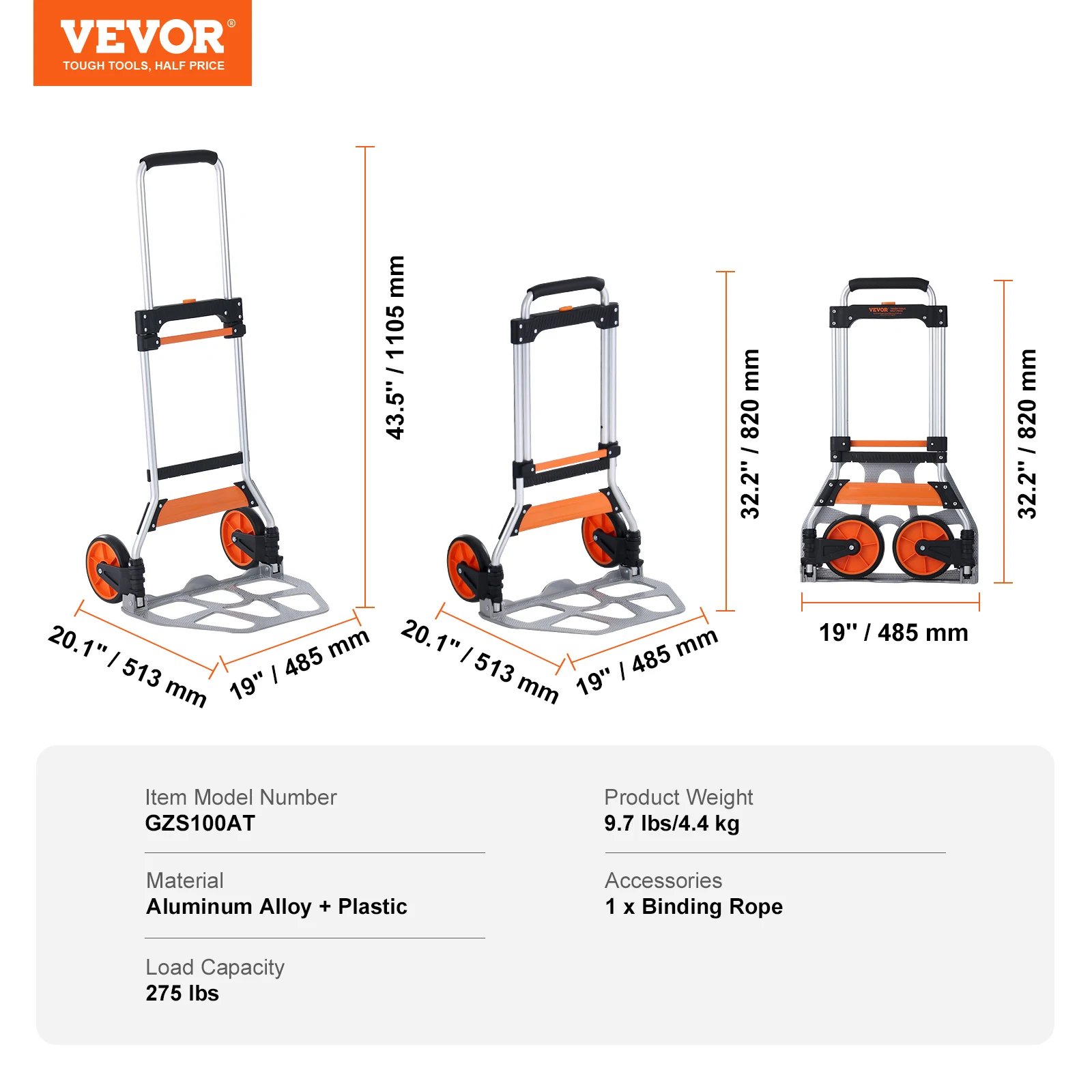 SucceBuy 275/309 lbs opvouwbare steekwagen, draagbare eenheidskar, dolly met telescopisch handvat en bindend touw voor het verplaatsen van magazijn