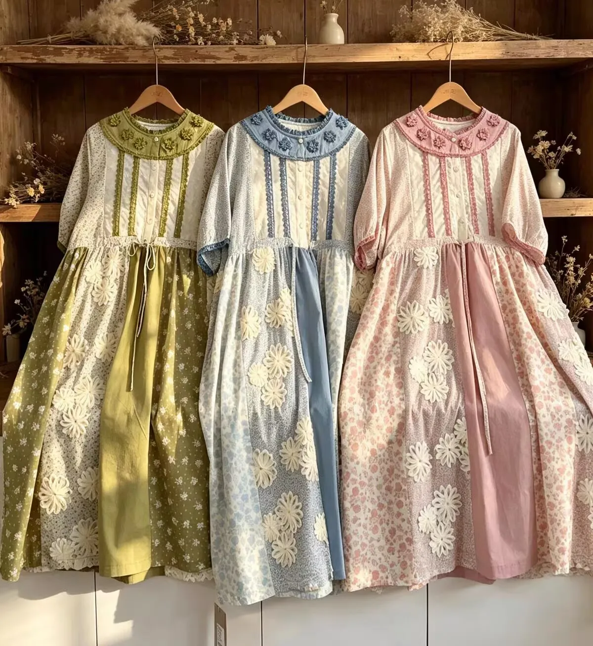 Women Japanese Mori Girl Lace Ruffled Long Sleeve A-Line Dress Loose Vestidos Embroidery Vintage Midi Dress