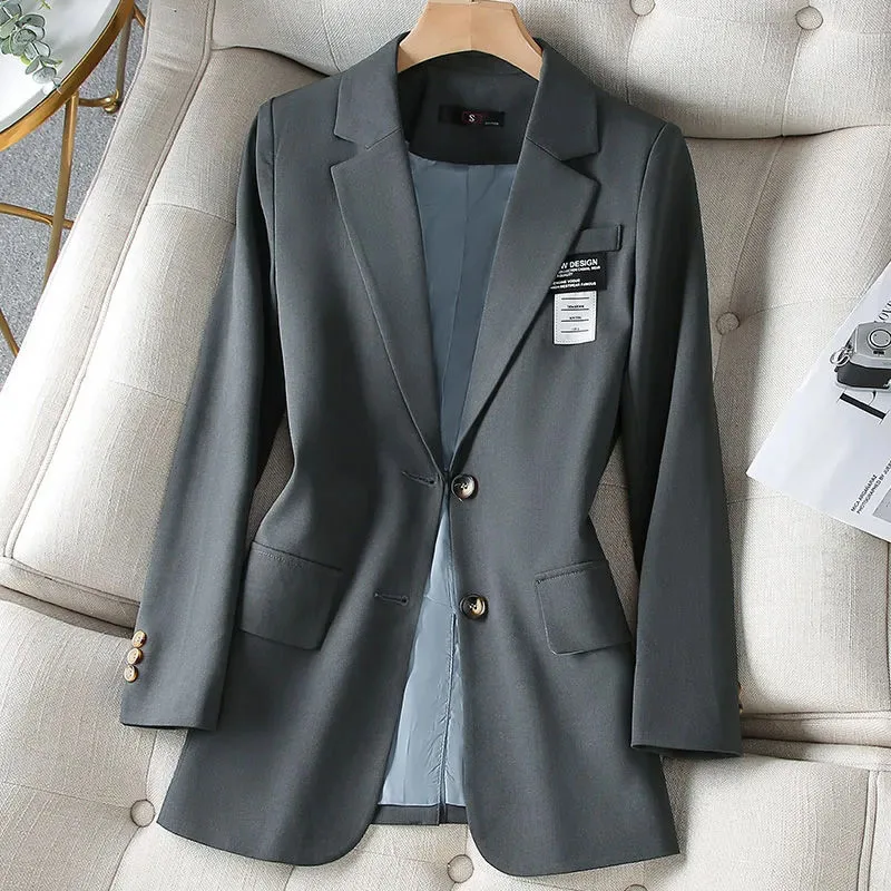 

Women's Korean Sports Jacket, Office Clothing, Slim Outerwear, Casual Blazer, Lined Khaki, 4XL, Monochromatic, Spring, Autumn, N