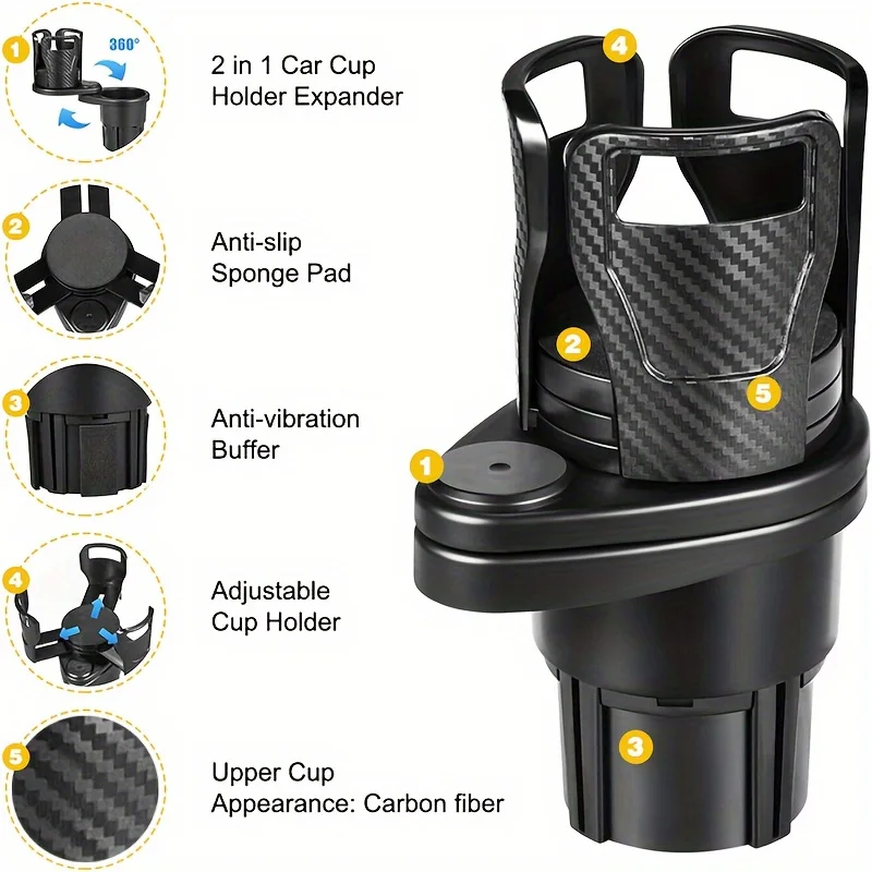 1PC Premium Car Cup Holder Expander - 360° Rotatable,  Dual Drink Holder, All-Purpose, Fit Most Cars, Durable Plastic Material