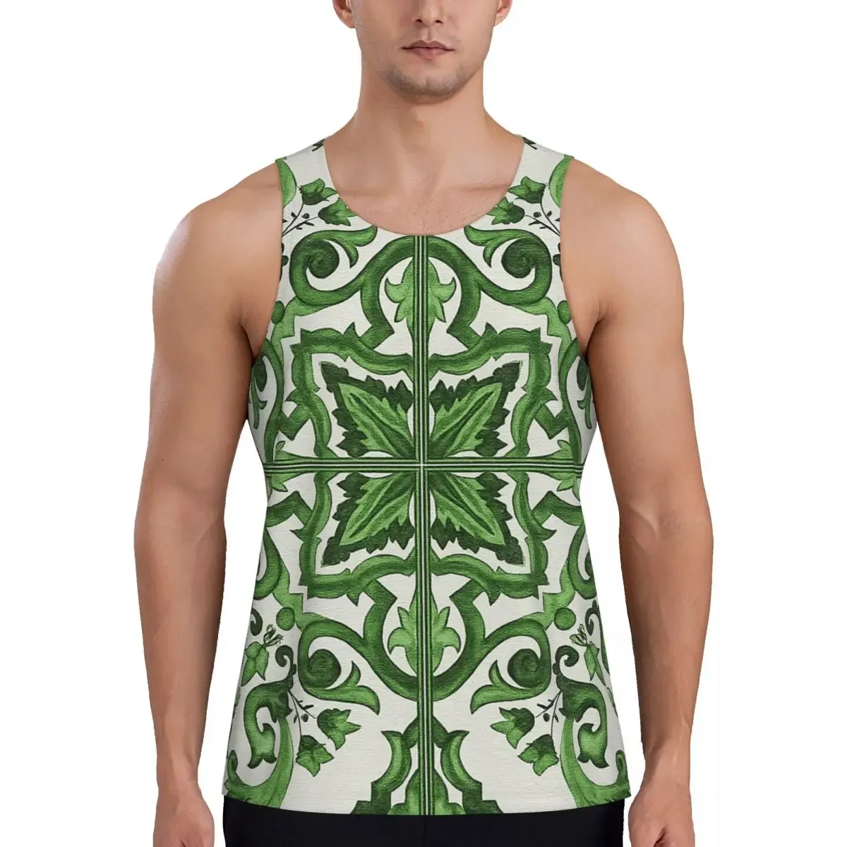 Quick Dry Green Ornate Floral Mediterranean Sicilian Tile Gym Tank Muscle Sleeveless Shirt Bodybuilding Breathable Vest