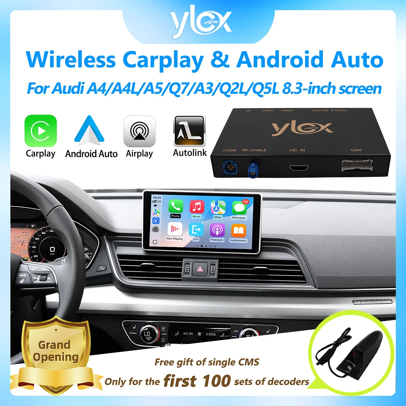 Interfaz inalámbrica CarPlay Android Auto para Audi A4 A4L A5 A3 Q7 Q2L Q5L pantalla de 8,3 pulgadas con Android Auto CMS compatible con YT NF