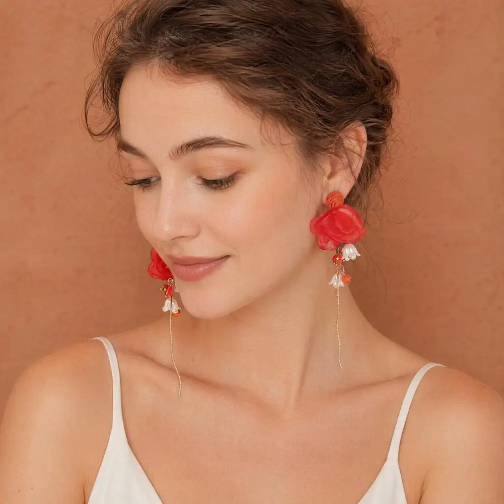 Gold Tassel Earrings Handmade Boho Raffia Ball Flower Earrings Bohemian Chiffon Dangle Drop Earrings Summer Beach Vacation