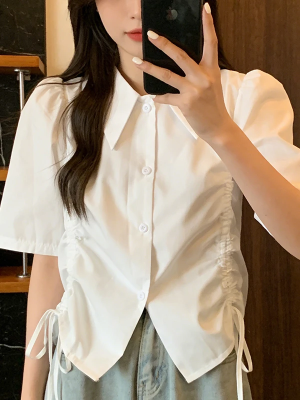 

White Drawstring Short Sleeve Shirt Women's Fashion Design Summer New Style Korean Version Breathable Comfortable Pure Color