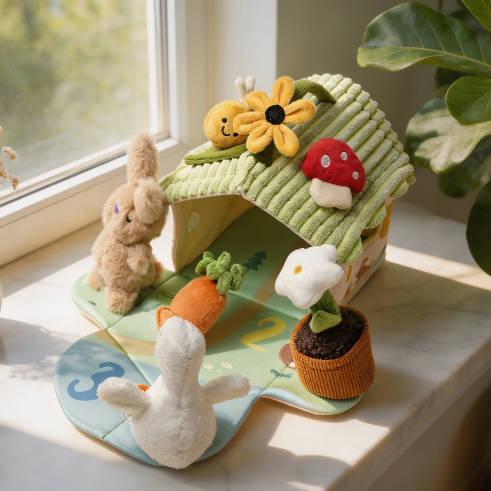 Montessori Baby Gift Set 0-12M Newborn, Wooden Rattle Teether, Cotton Lamb Soothing Toy, Sensory Cloth Book with Mirror