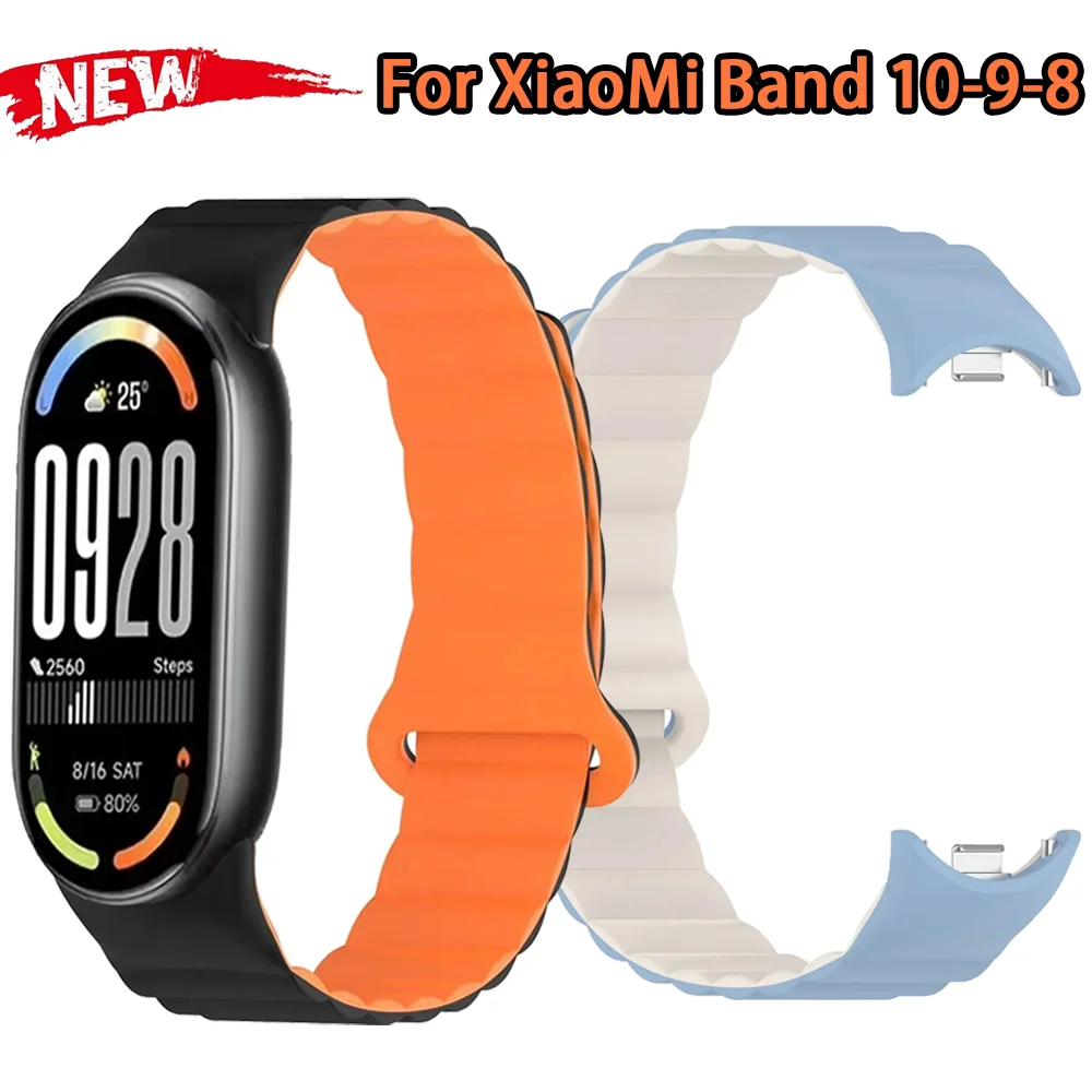 Magnetic Loop Silicone Strap For Xiao Mi Band 10/9/8 Sports Bracelet Double Color Wristband For Xiao Mi Band 10 Belt Accessorie