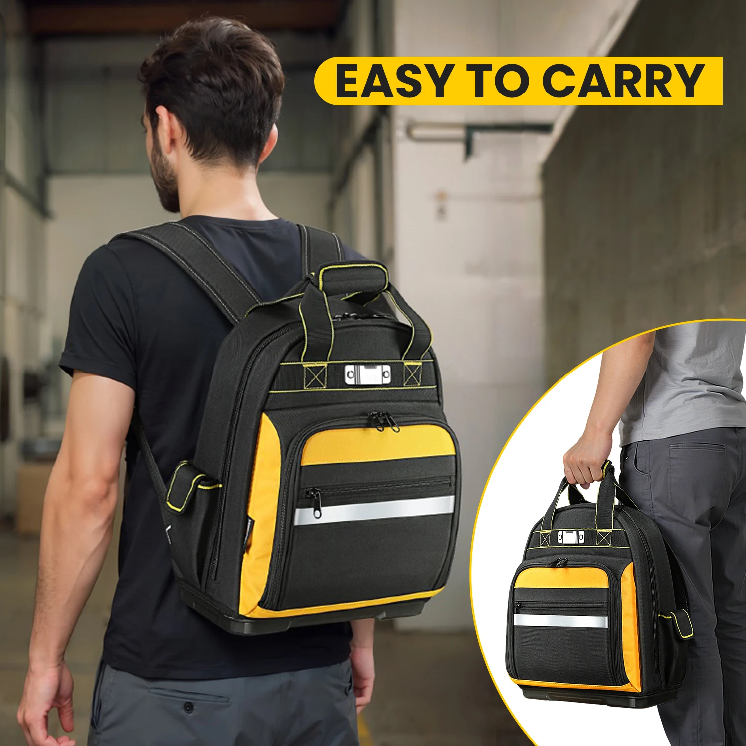 Tool Backpack Heavy Duty, Tool Bag Backpack with Laptop Compartment & Molded Base, 1680D Oxford, Multiple Pockets for Men