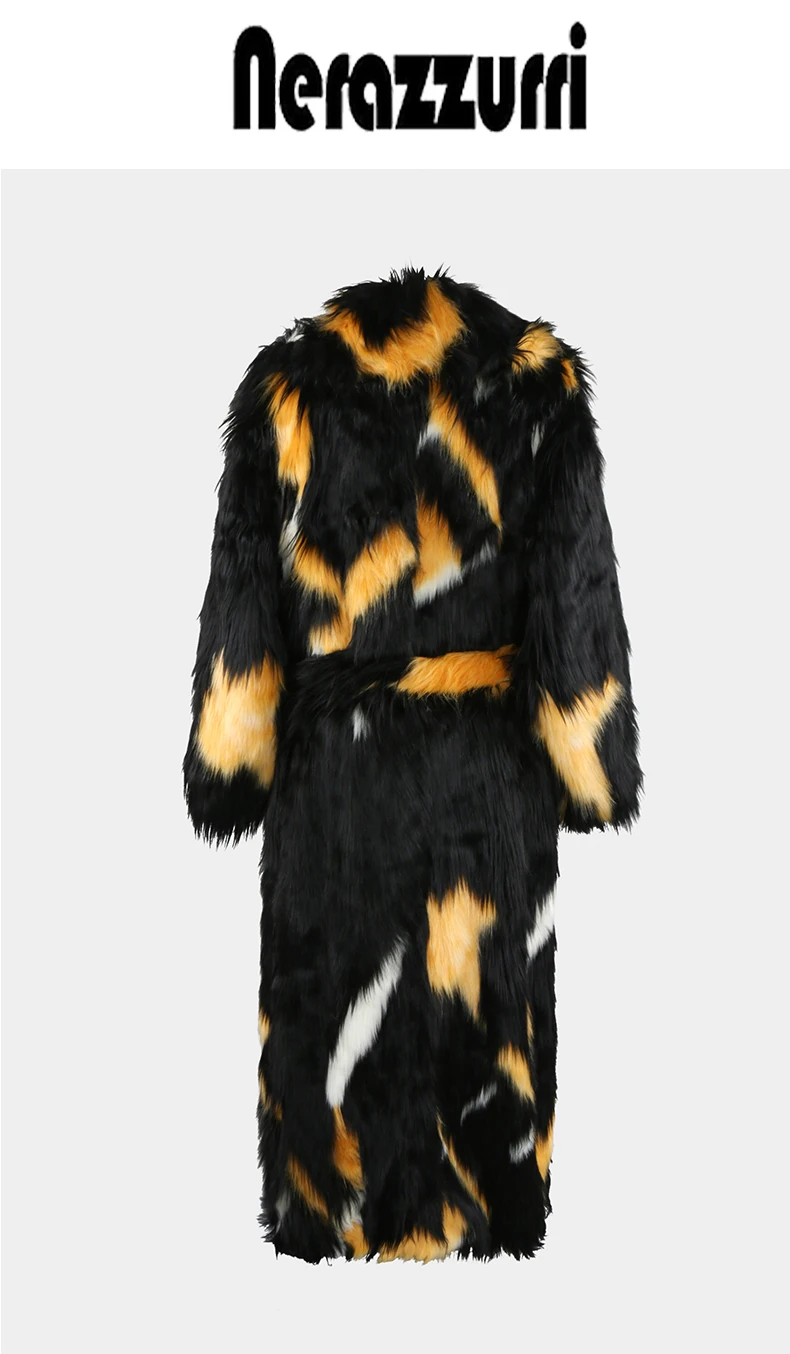 Nerazzurri Winter Extra Long Thick Warm Colorful Soft Hairy Fluffy Faux Fox Fur Coat Women Sashes Luxury European Fashion 2023