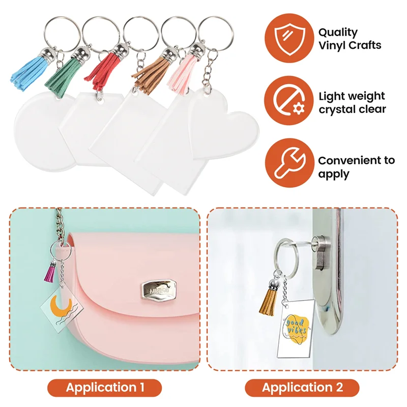 

【Rushed】50 Sets Blank Keychains For Vinyl, Acrylic Keychain Blanks With 5 Shapes Clear Acrylic Disc Leather Tassel Charms