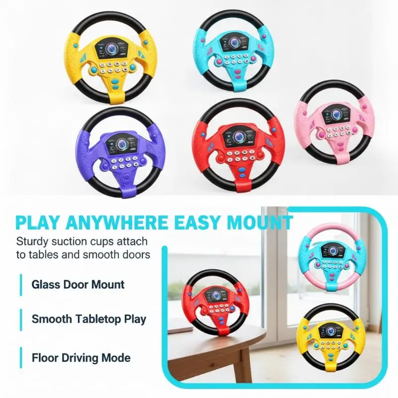 Kids Steering Wheel Pretend Toy Multifunctional with Sound Effects Suction Cups for Car Travel Early Education Gift for Toddler