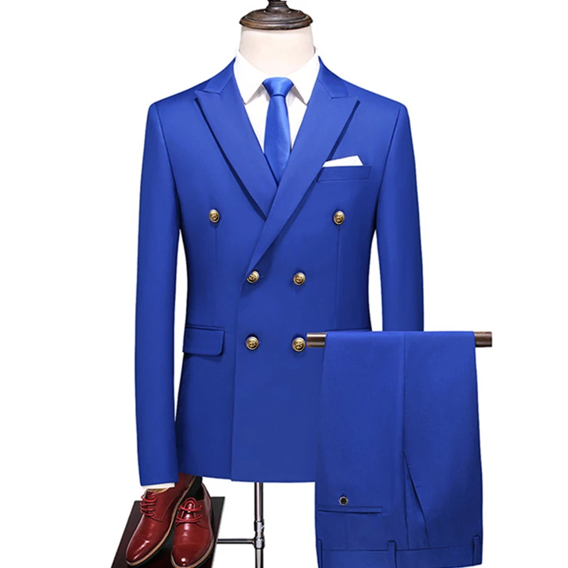 Men Slim Fit Fashion Business Casual Double Breasted Blazers Jacket Coat Trousers Wedding Groom Party Skinny 2 Pcs Suits Pants