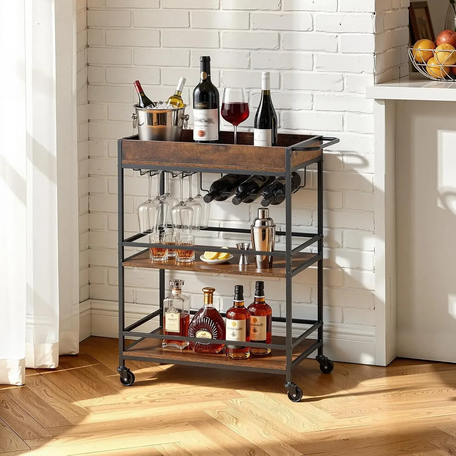 Bar Cart, 3 Tiers Home Kitchen Serving Carts, Industrial Rolling Utility Station on Wheel, Mobile Drink Beverage Shelf with Wine