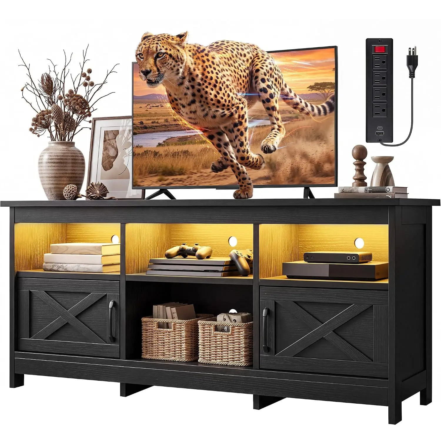Farmhouse TV Stand for 65 Inch TV Living Room Black LED Entertainment Center Storage Media Console Power Strip, Customized