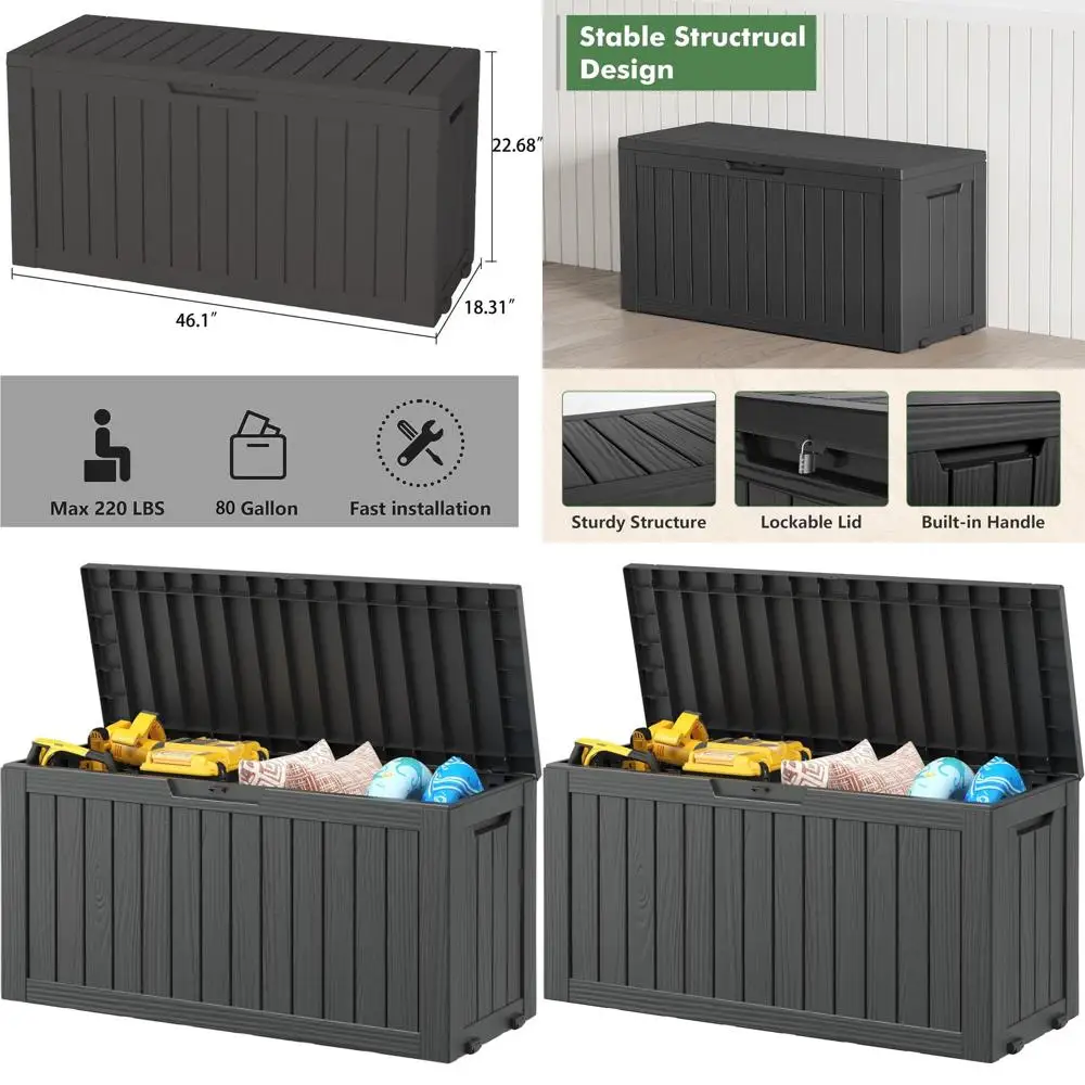 

Weatherproof Outdoor Storage Box with Lockable Lid, 85 Gallon Capacity (Black)