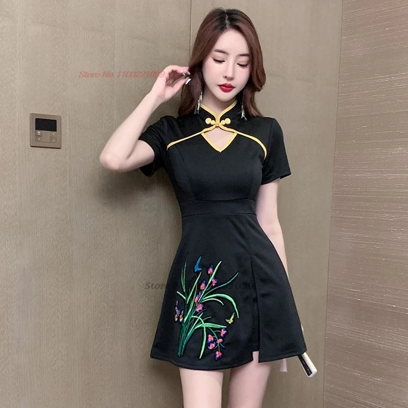 2025 chinese nightclub dress improved qipao national flower print qipao dress+shorts set banquet dress hotel spa work dress