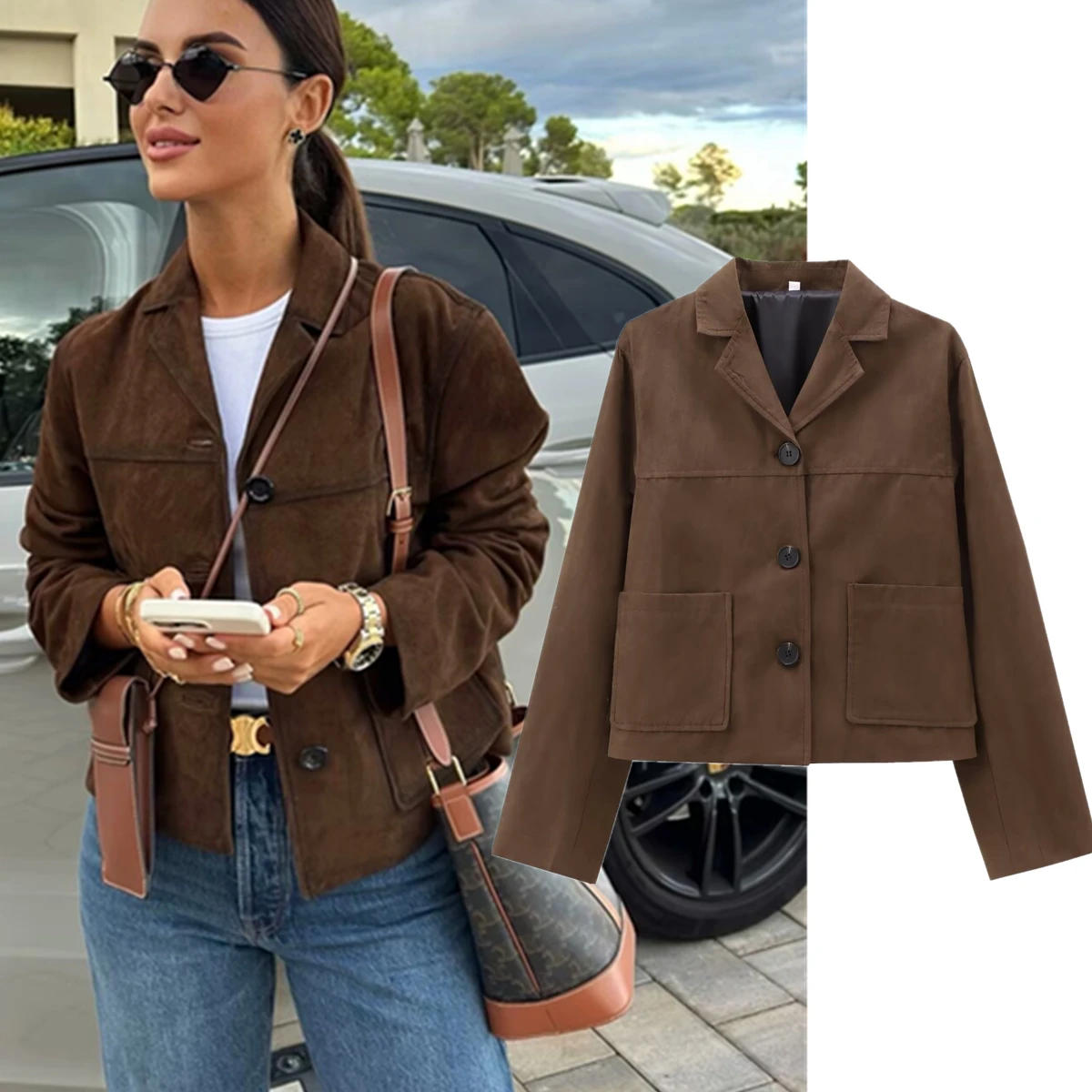 Maxdutti 2024 Autumn Maillard Vintage Suede Suit Short Jacket Jacket Minimalist Casual Women\'s Jacket Blazers