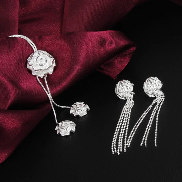 

New fine 925 Sterling Silver rose flower necklaces earring stud Jewelry set for women fashion Party wedding lady Christmas gifts