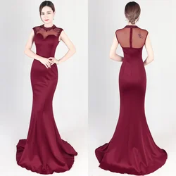 Evening Dresses Burgundy Sequins Stretchy O-neck Beads Sleeveless Zipper Mermaid Trumpet Floor Length Women Party Formal Gowns