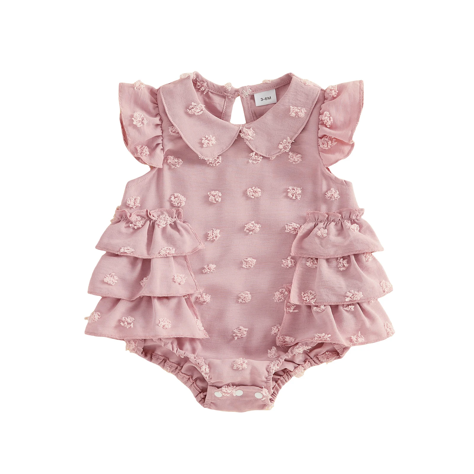 Barboteuse d'été pour bébé fille, manches volantes, col de poupée, mignon point brodé, garniture à volants, combinaison décorative