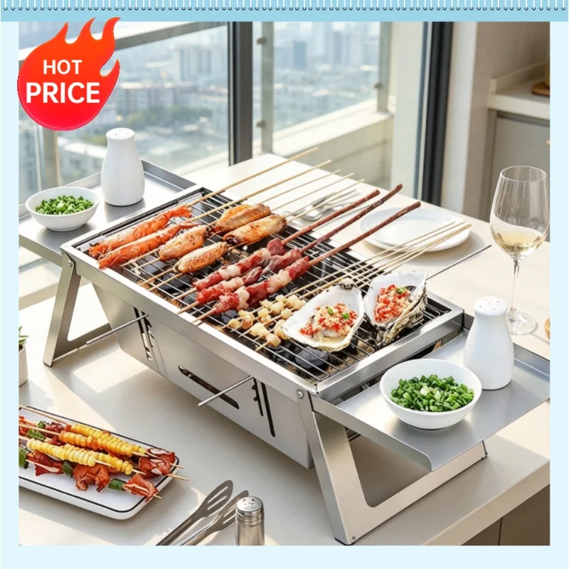 Stainless Steel Thickened Charcoal Grill One-second Folding Portable BBQ Grill for Outdoor Camping Home Barbecue
